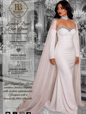 Elegant White Cape Evening Gown | Beaded Formal Wedding & Gala Dress